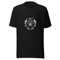About "Midnight Hunter": A stylized wolf's face in sharp neon lines, center fram — T-Shirt