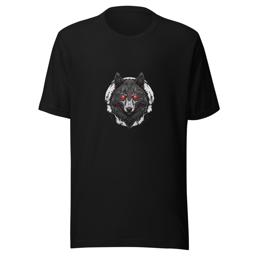 About "Midnight Hunter": A stylized wolf's face in sharp neon lines, center fram — T-Shirt