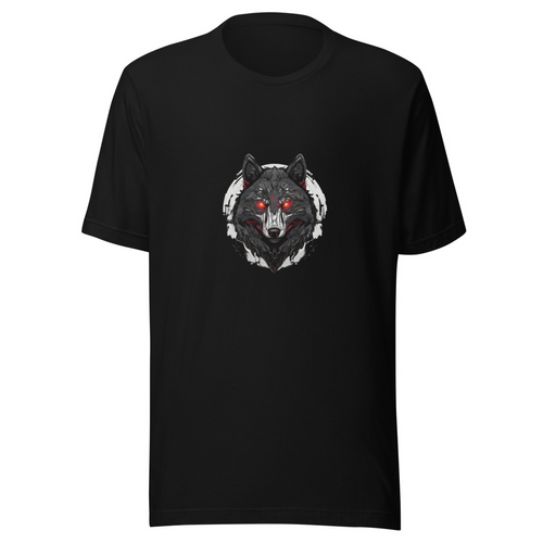 About "Midnight Hunter": A stylized wolf's face in sharp neon lines, center fram — T-Shirt